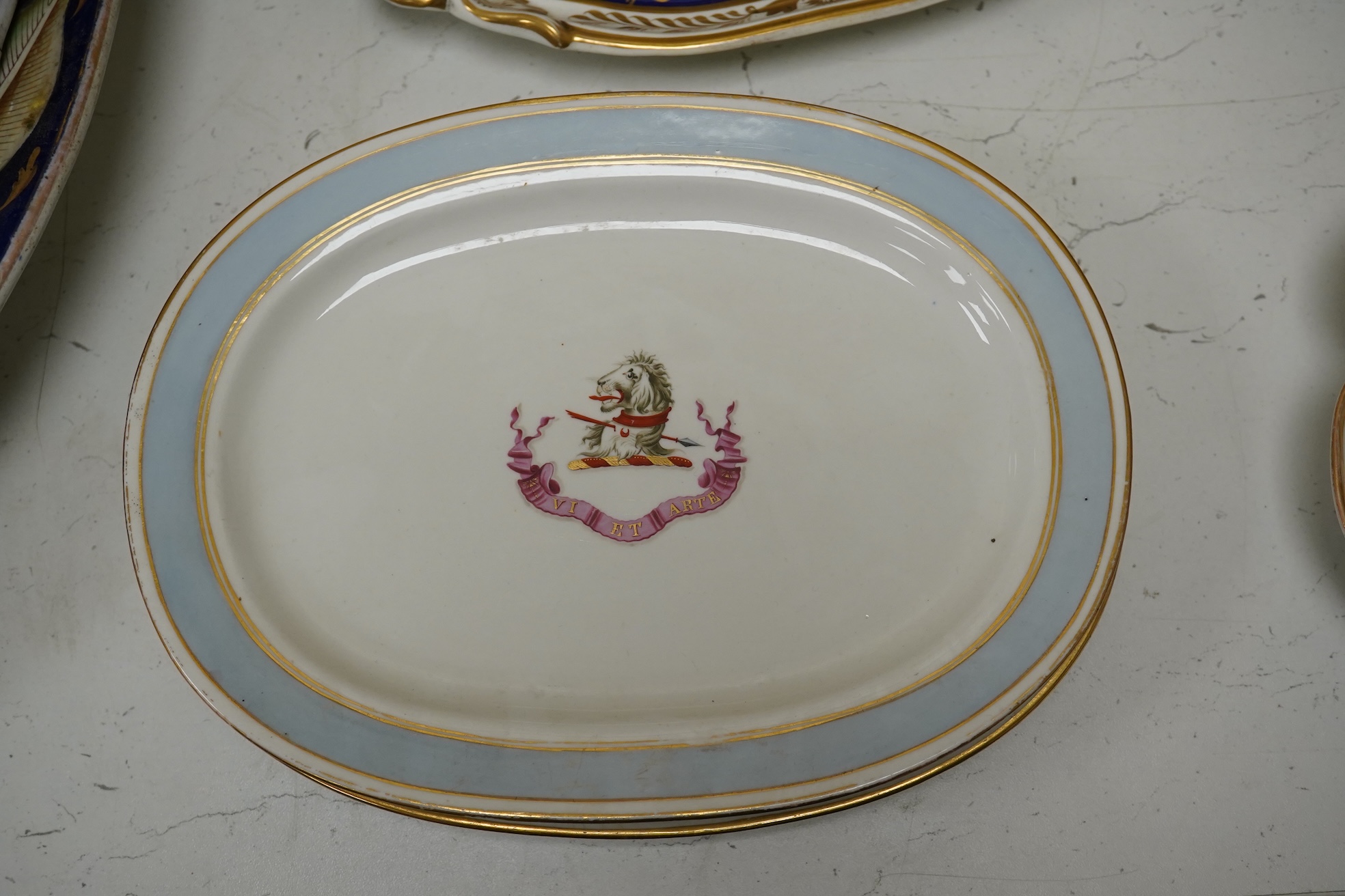 A Chamberlains Worcester armorial dessert dish, and a Spode armorial plate ‘The London’, c.1825 (produced for the Captain of the Ship 'The London’), both bearing the arms of the British East India Company, together with